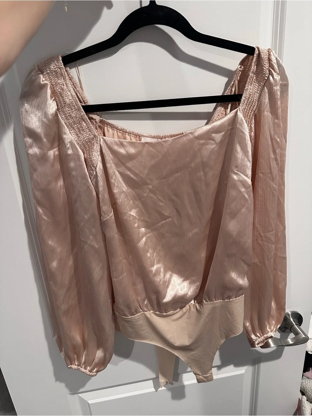 ASTR Blush Pink Square-Neck Satin Puff-Sleeve Top